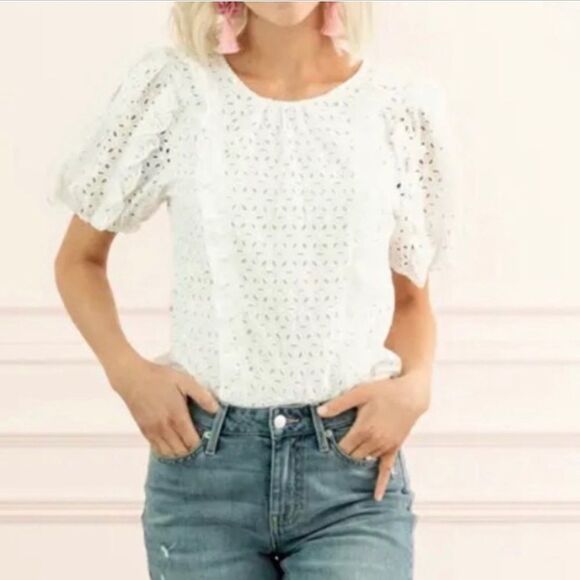 Rachel Parcell Women’s White Floral Eyelet Ruffle Short Sleeve Cotton Top XL - Picture 4 of 17